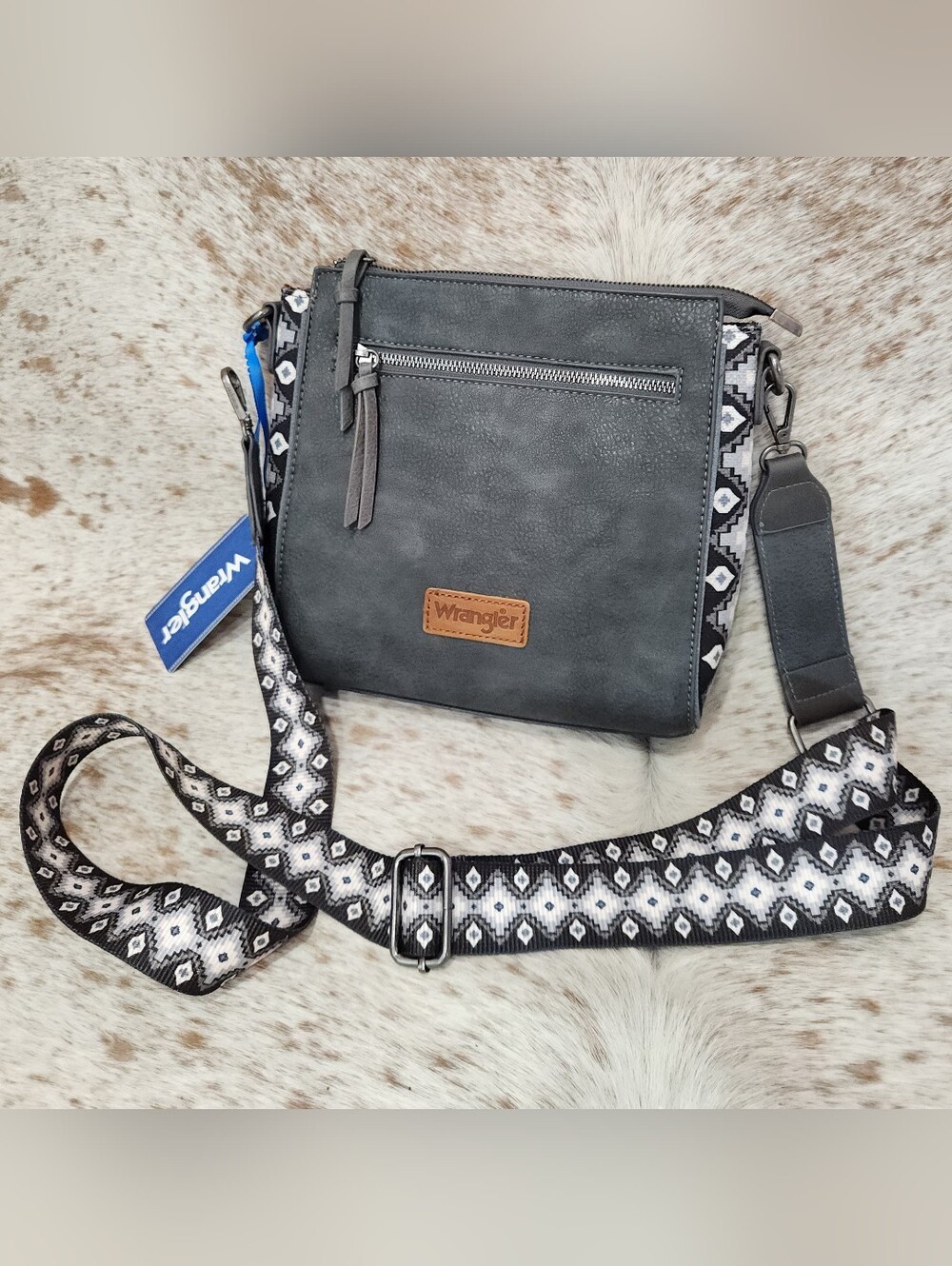 Wrangler Grey Crossbody Bag with Aztec Patterned Strap